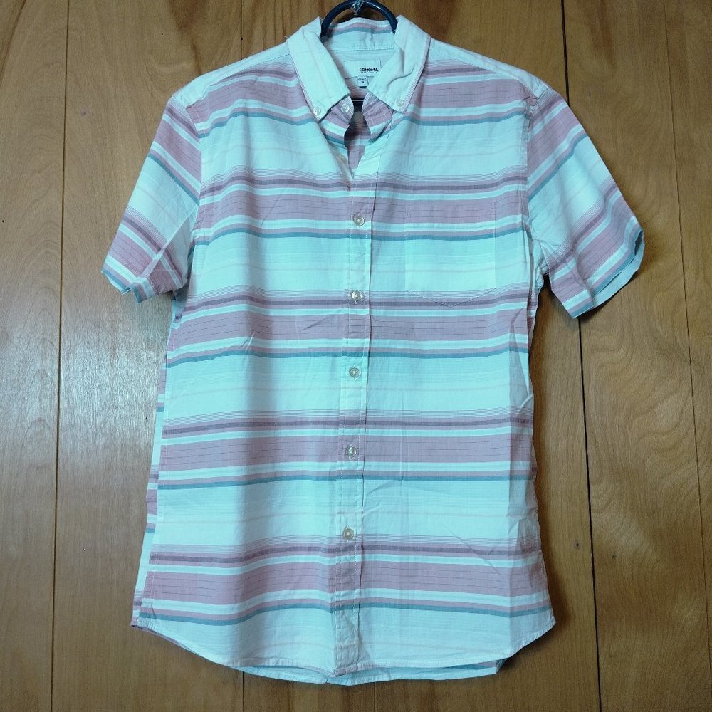 Sonoma Men's Medium Striped Short Sleeve Collared Button Front Shirt